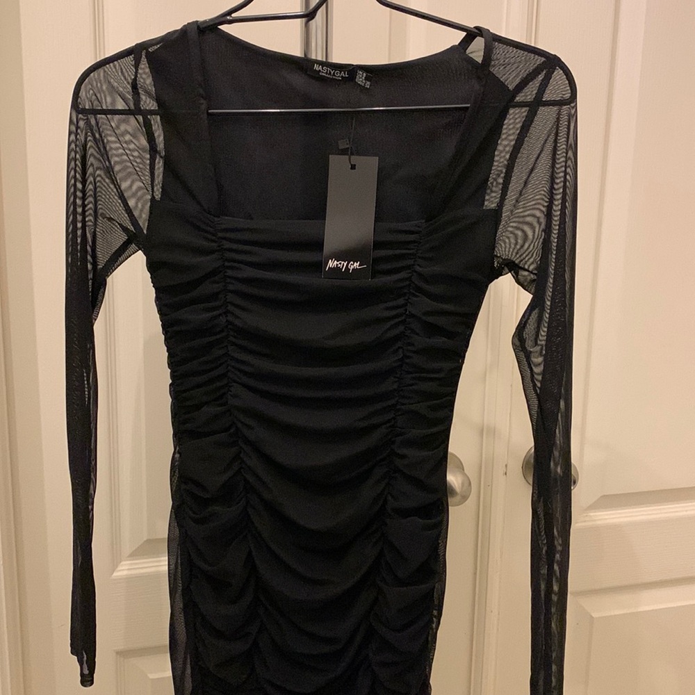 Nasty Gal Black Mesh Behavior Ruched Bodycon Dress Size 4